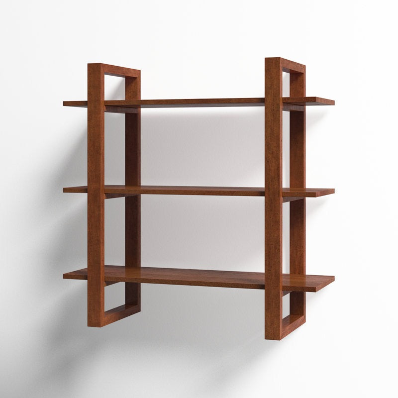  Wooden wall shelf with three shelves on a white background