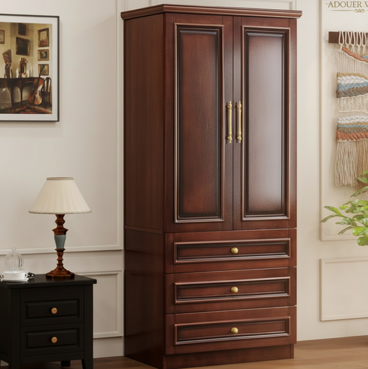 Wooden wardrobe with two doors and three drawers in a room setting.