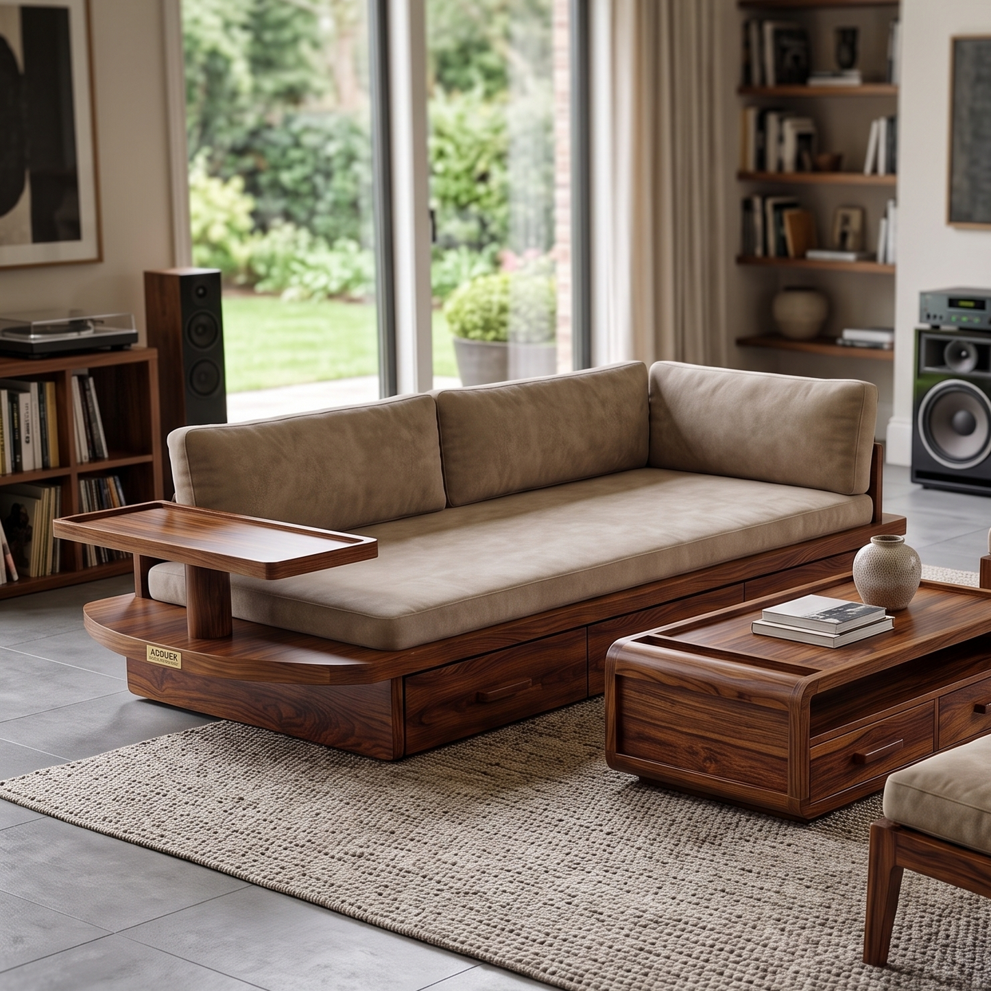 A mid-century modern wooden sofa with beige cushions, styled in a contemporary living room with a matching wooden coffee table and a woven rug.