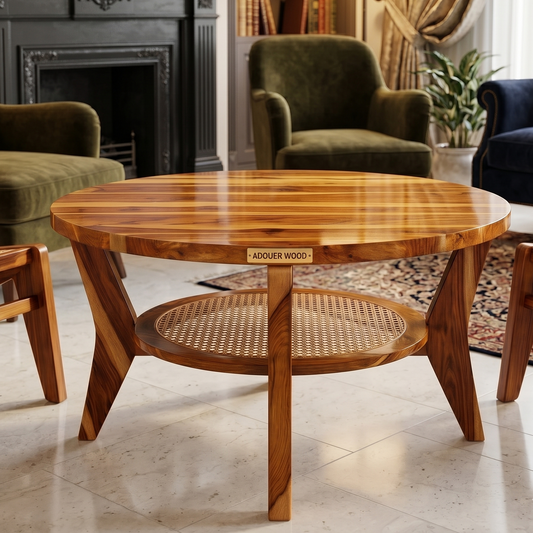 Wooden coffee table with 'ADOUER WOOD' branding in a living room setting.