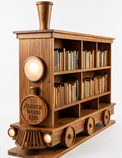 Wooden train bookshelf with books on a white background