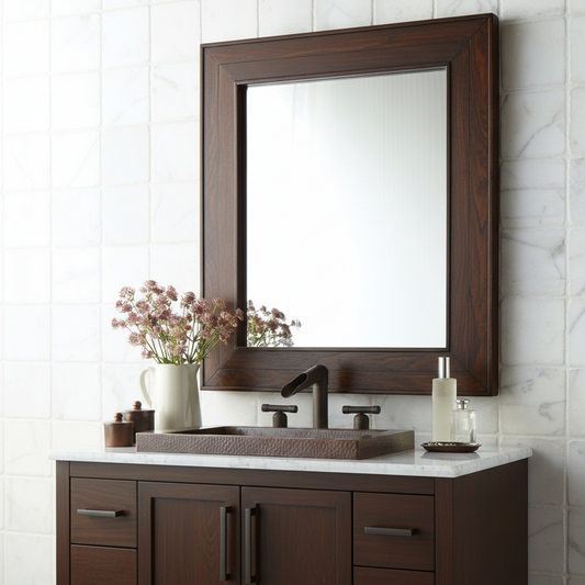 Bathroom vanity with wooden mirror and sink