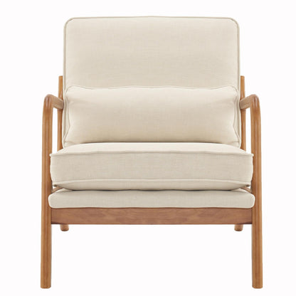 Beige armchair with wooden frame on a white background