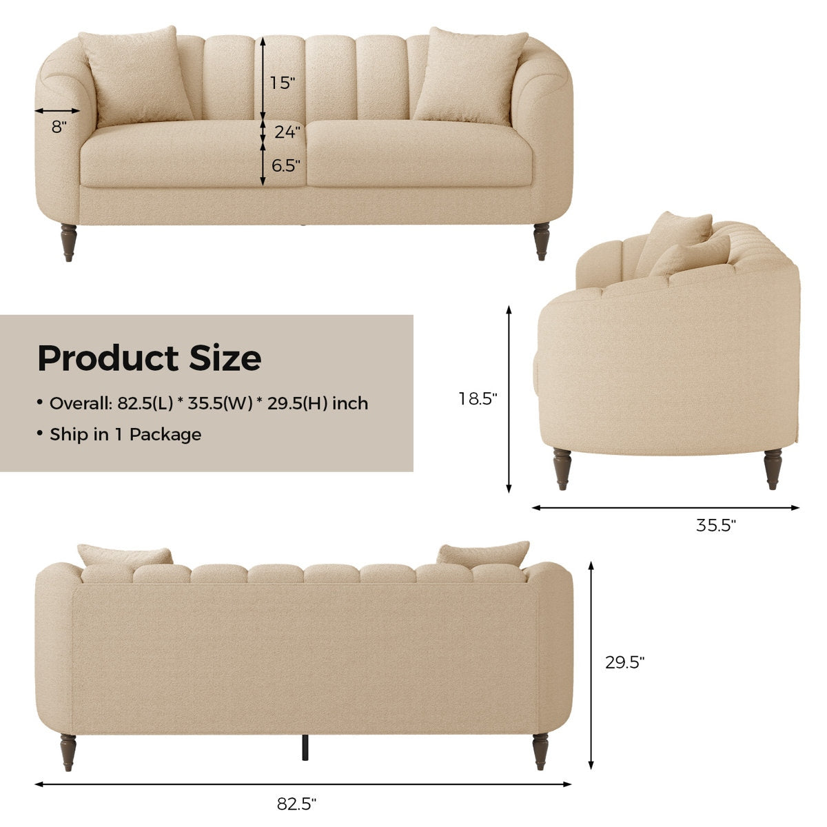 Beige sofa with dimensions labeled on a white background
