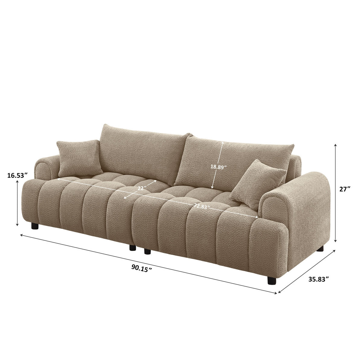 Beige sofa with dimensions marked on a white background