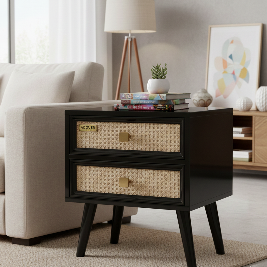 Black nightstand with woven drawers in a living room setting