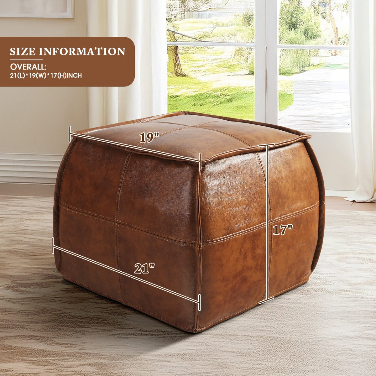 Brown leather ottoman with dimensions on a wooden floor, size information displayed.