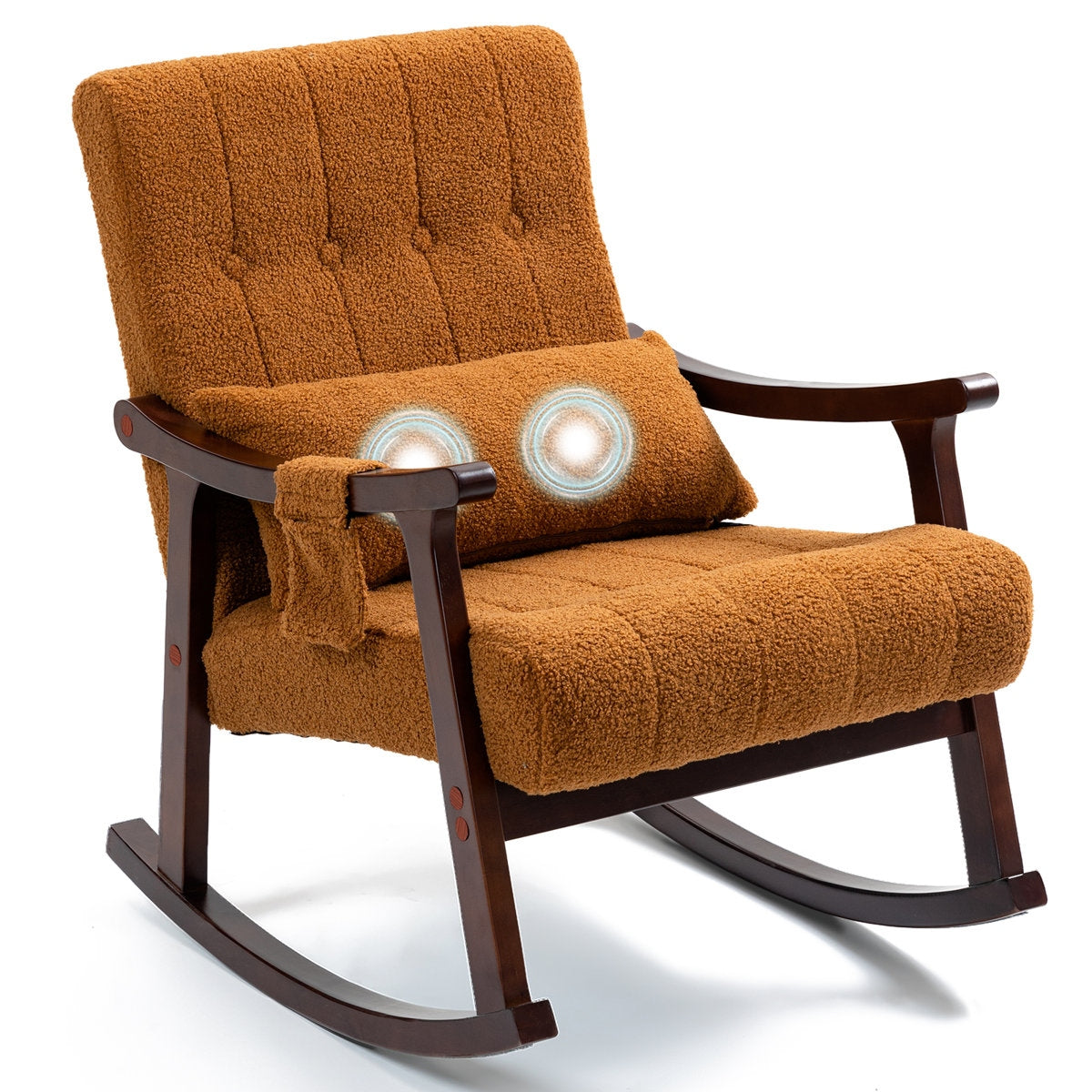 Brown rocking chair with cushioned backrest and armrests on a white background