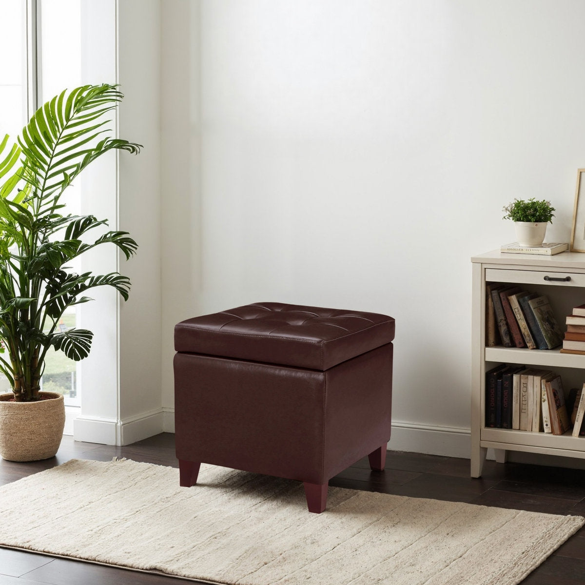 Brown storage ottoman in a room with a plant and bookshelf.