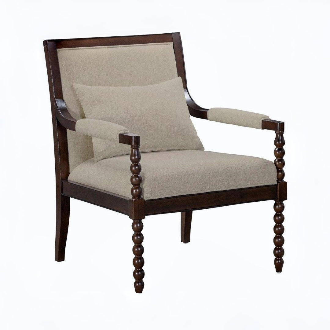 Chair with wooden frame and beige cushion on a white background