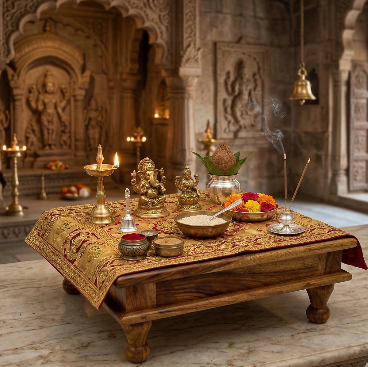 Decorative altar with religious items in a temple setting