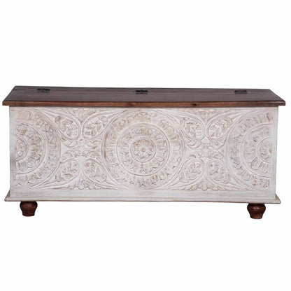 Decorative wooden chest with intricate carvings on a white background