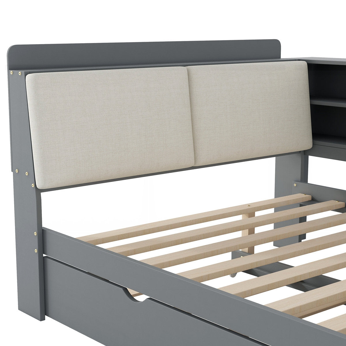 Gray bed with beige mattress on a white background