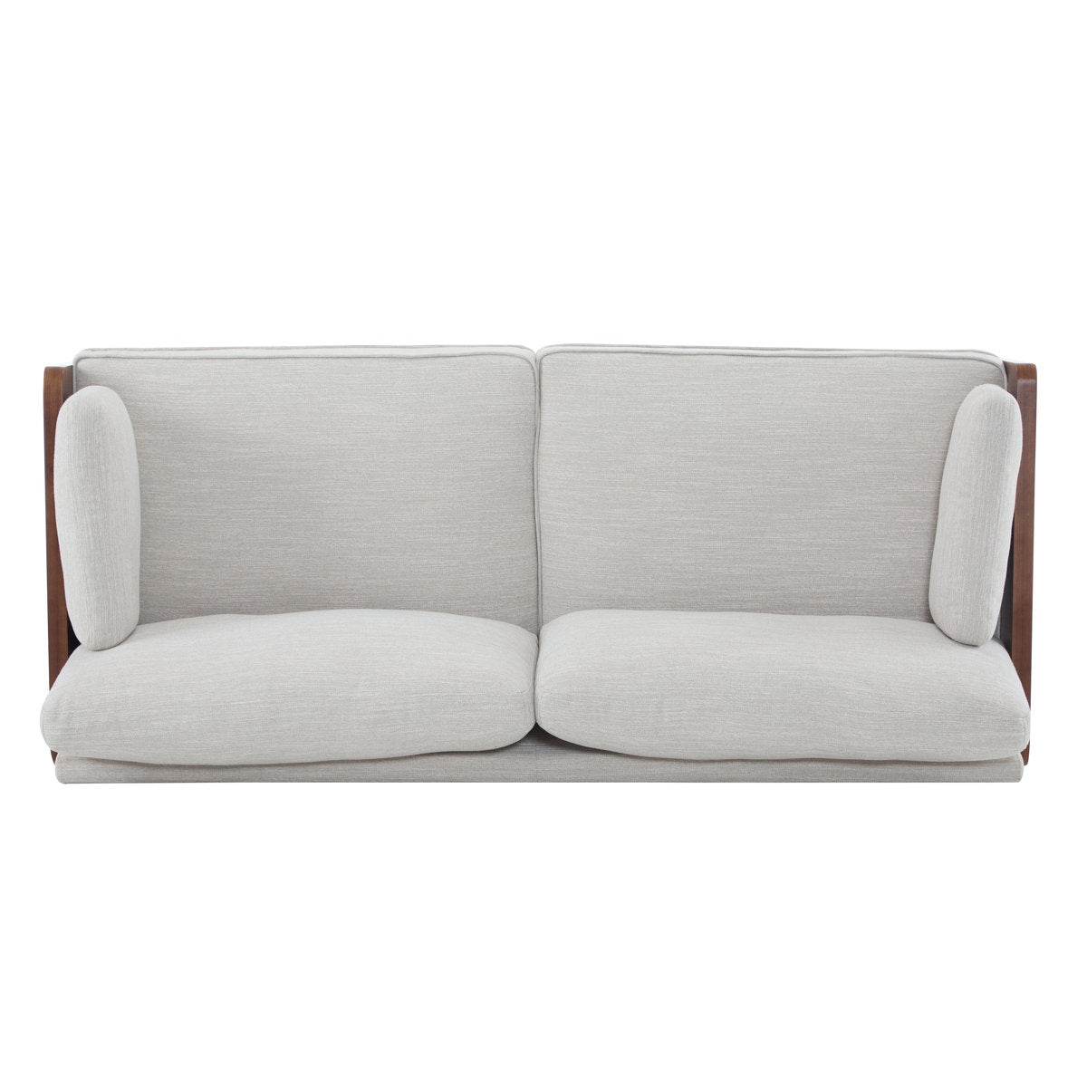 Gray sofa with wooden armrests on a white background