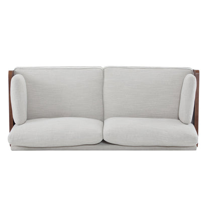 Gray sofa with wooden armrests on a white background