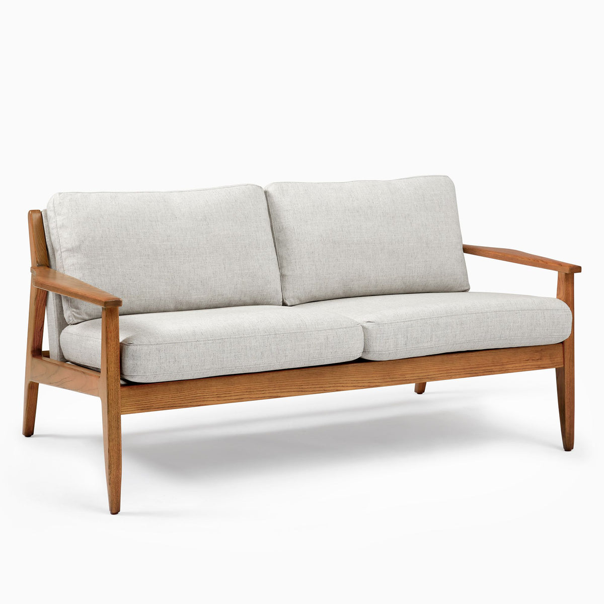 Gray sofa with wooden frame on a white background