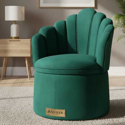 Green shell-back chair with 'ADOUER' branding in a room setting.