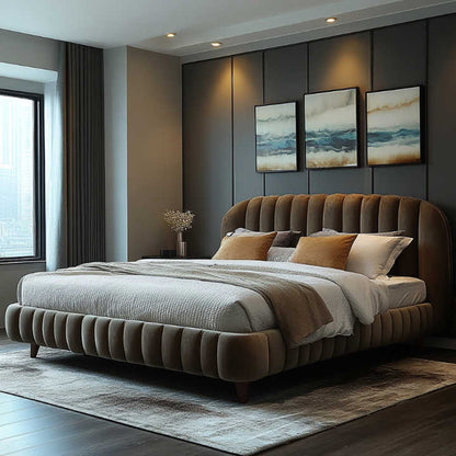 Luxurious velvet upholstered bed with channel tufted headboard and footboard, displayed in a modern bedroom setting with a mattress and bedding.