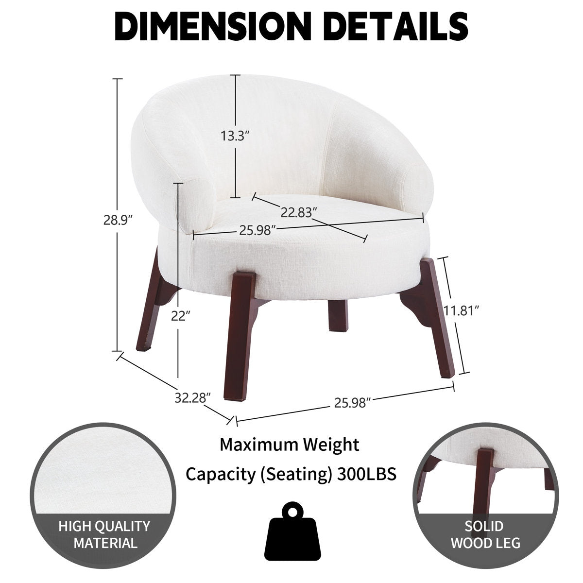 Measurement chart of a white chair with dimensions and material details on a white background