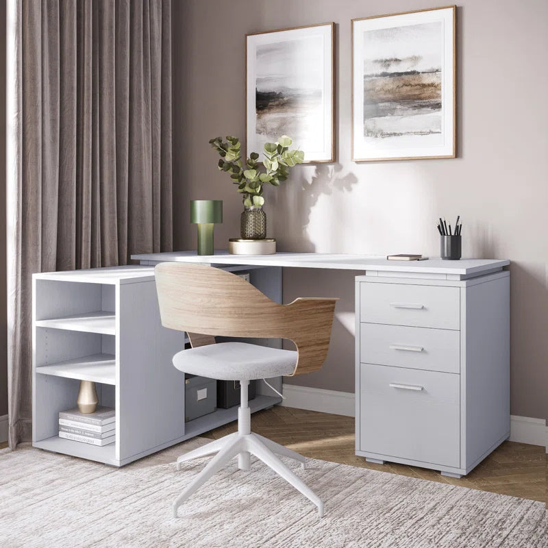 Modern home office with a white desk, chair, and shelves.