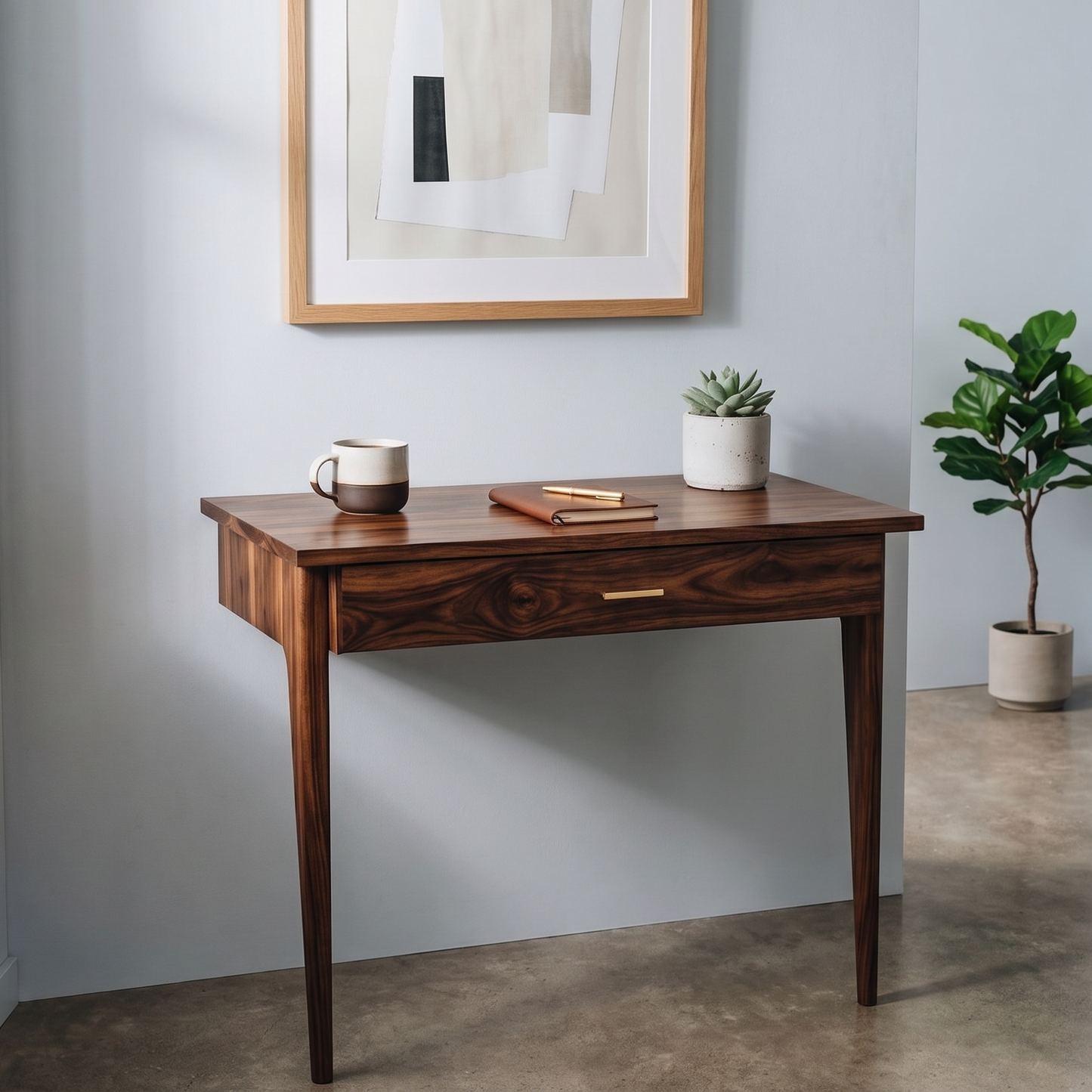 Wooden desk with a cup, books, and plant in a room with a framed picture on the wall.