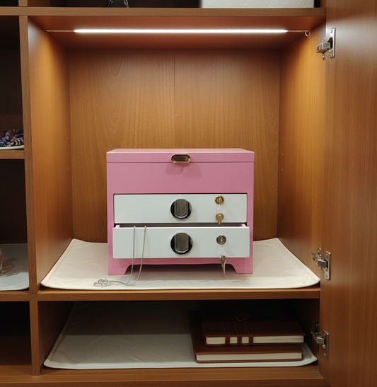 Pink jewelry box with drawers inside a wooden cabinet