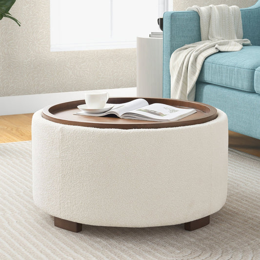 Round ottoman with a wooden top in a living room setting