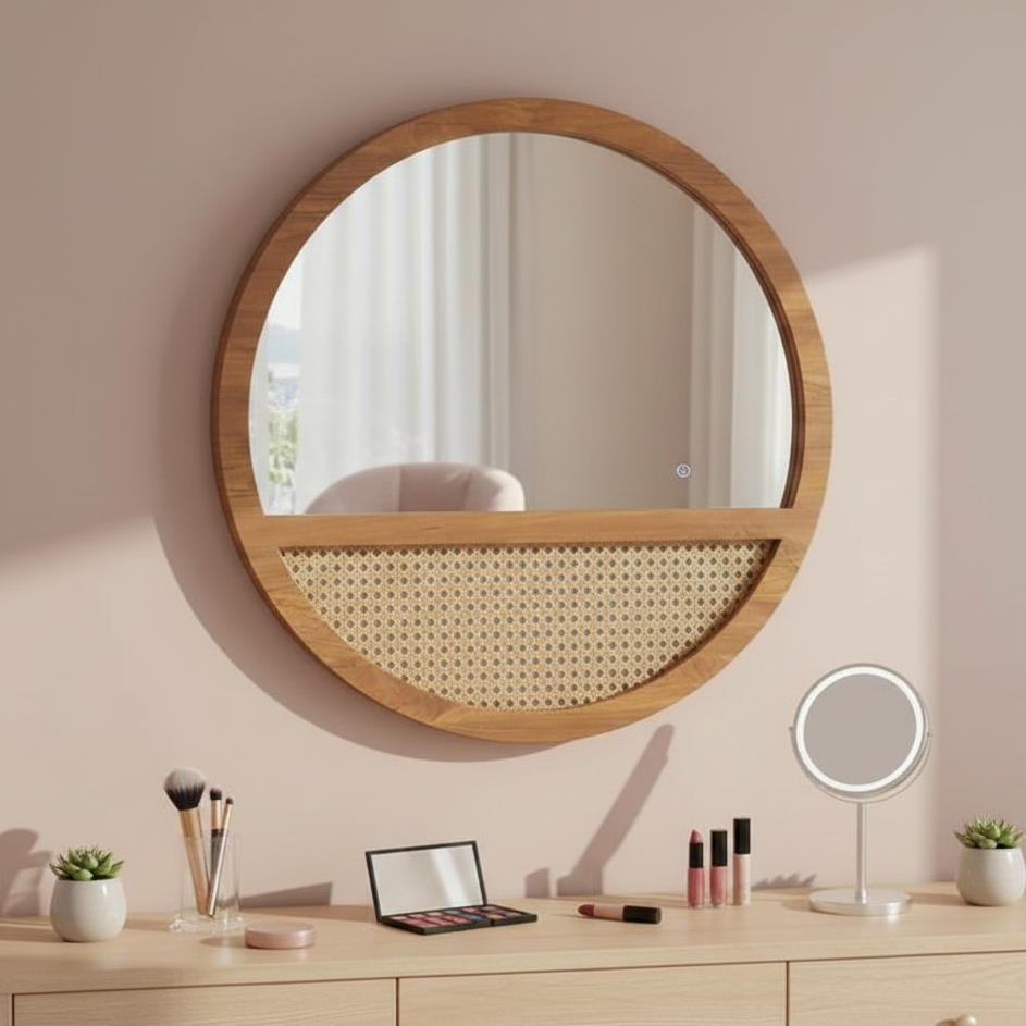 Round wooden-framed mirror on a wall with a vanity setup below.