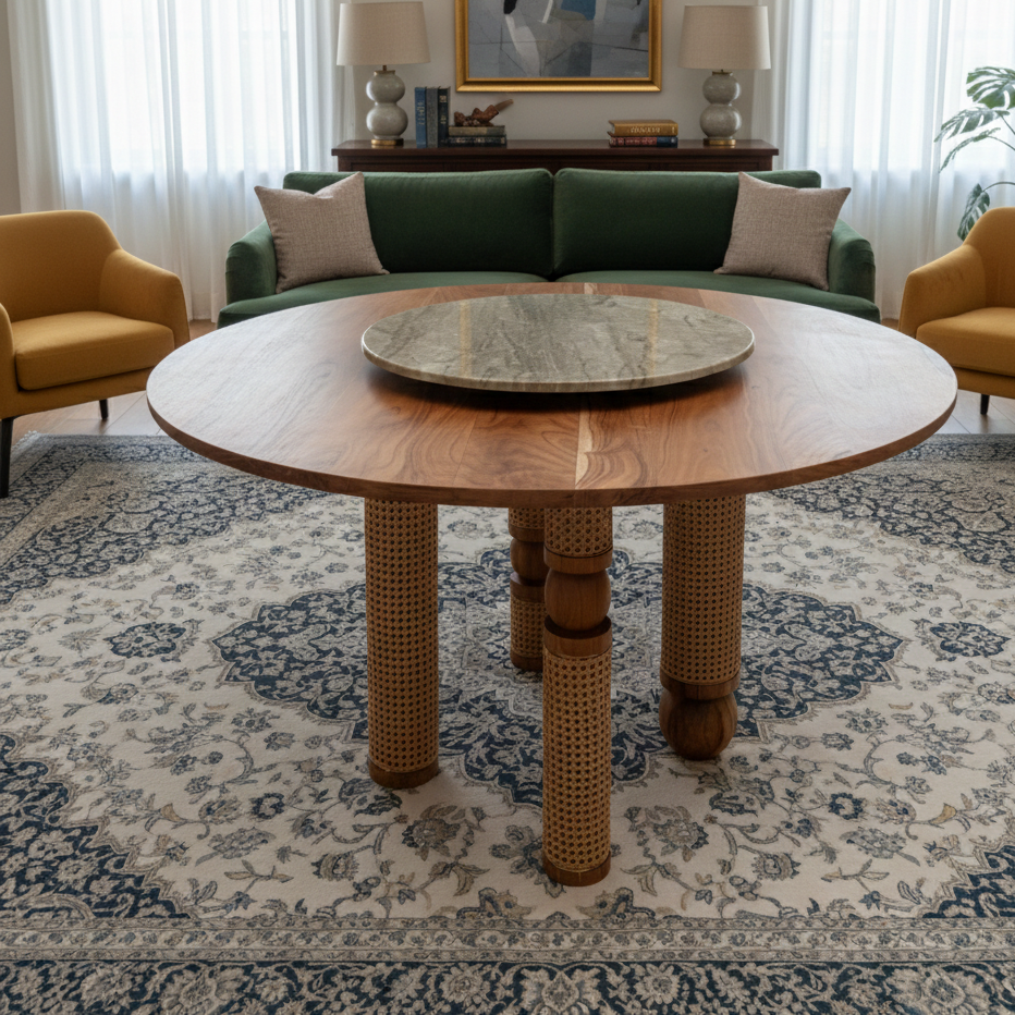 Round wooden table with woven legs in a living room setting.