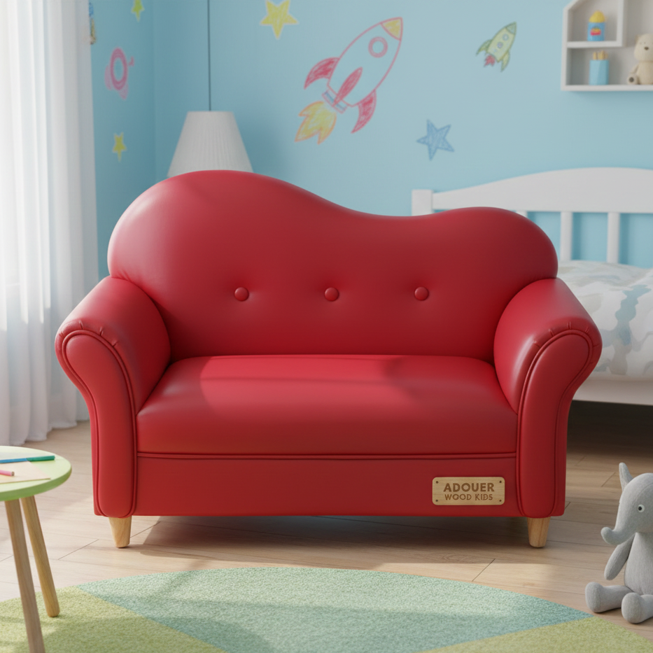 Red children's sofa with ADOUER' branding in a playroom setting.