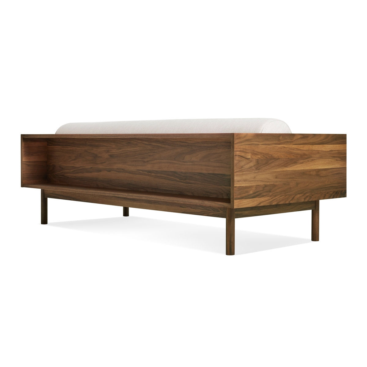 Wooden bed frame with a white mattress on a white background