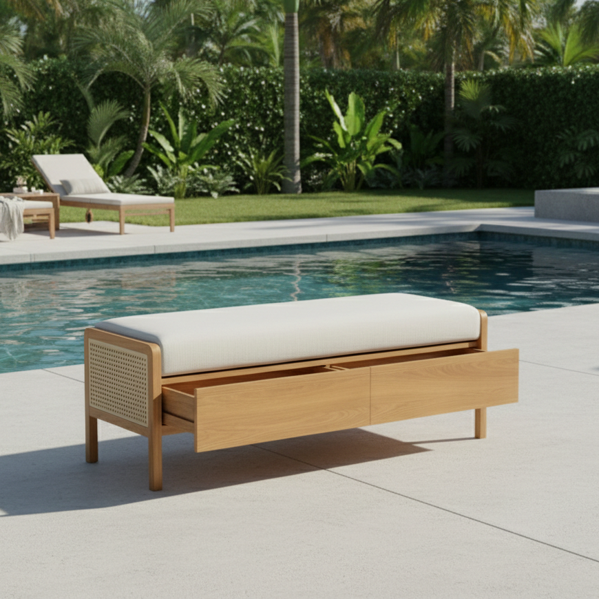 Wooden bench with white cushion by a poolside in a garden setting