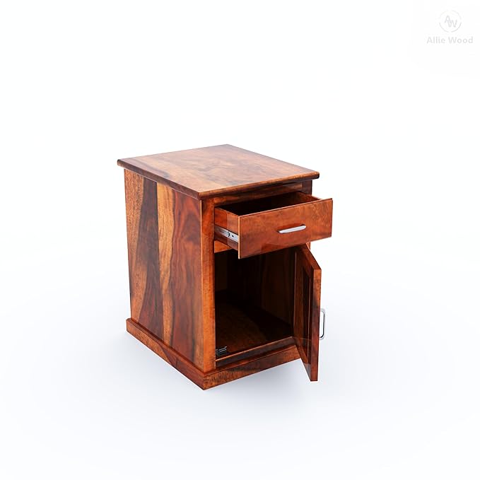 Wooden side table with a drawer on a white background