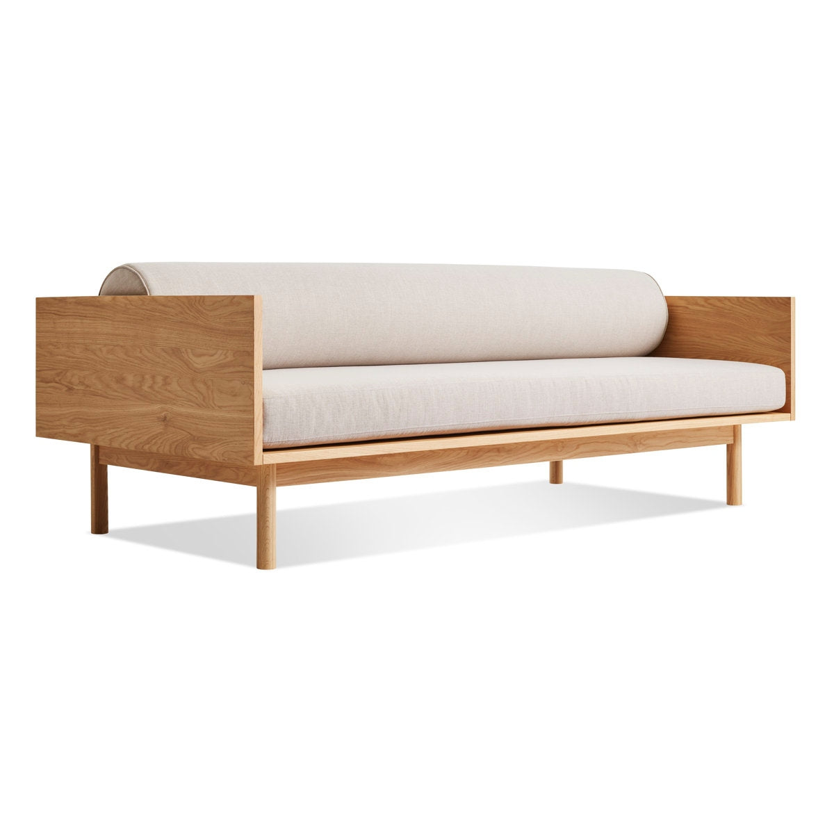 Wooden sofa with white cushion on a white background