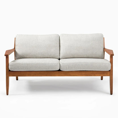 Two-seater sofa with light gray cushions and wooden frame on a white background
