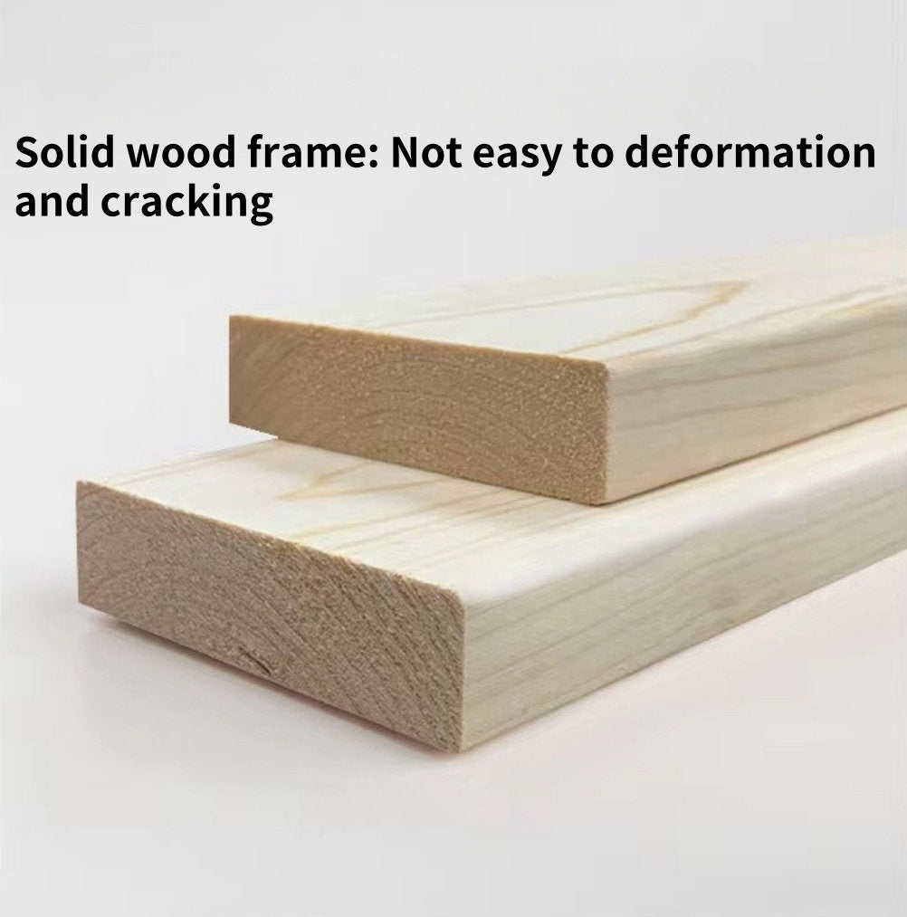 Two wooden planks on a white background with text about solid wood frame stability.