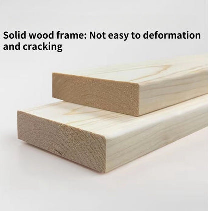 Two wooden planks on a white background with text about solid wood frame stability.