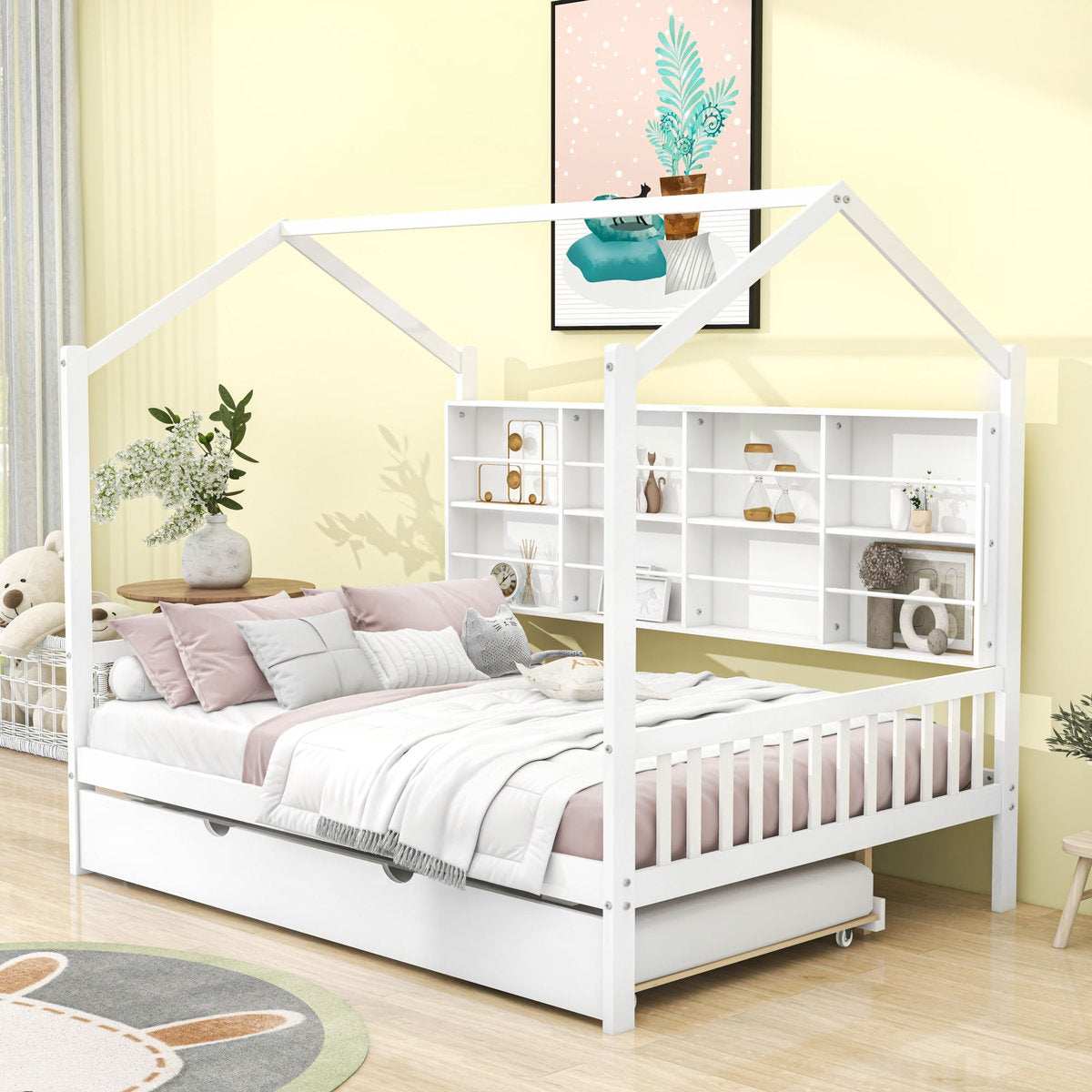White children's bed with bookshelves in a room with yellow walls and decor.
