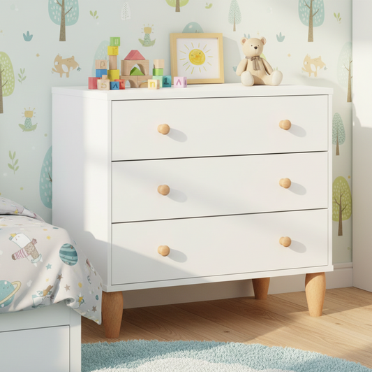 White dresser with wooden drawers in a child's room with toys and decor.