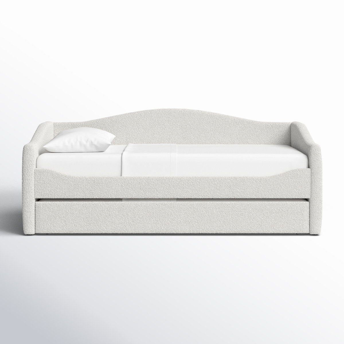 White upholstered bed with a pillow on a white background