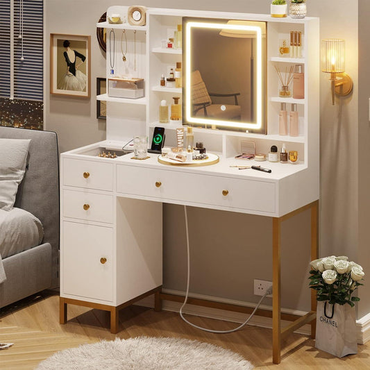White vanity with mirror and makeup items in a room setting
