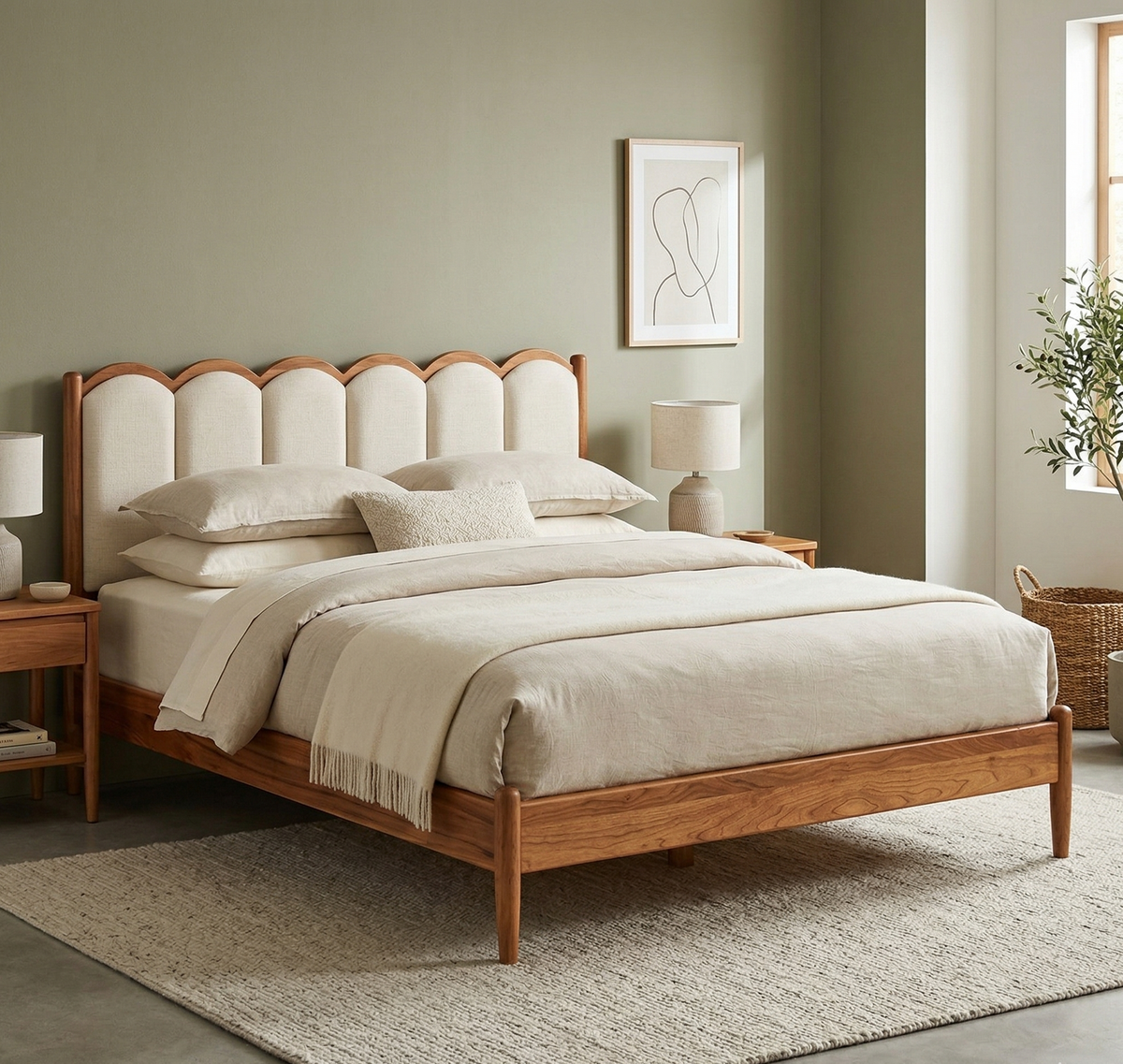 Wooden bed with beige bedding in a bedroom setting