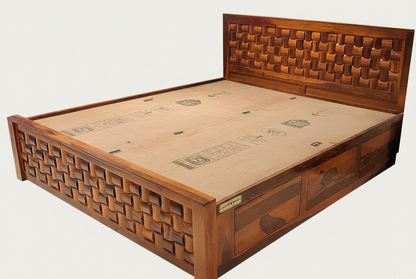 Wooden bed frame with woven design on a white background