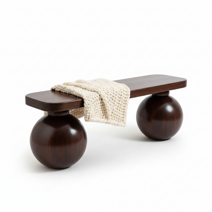 Wooden bench with spherical bases on a white background