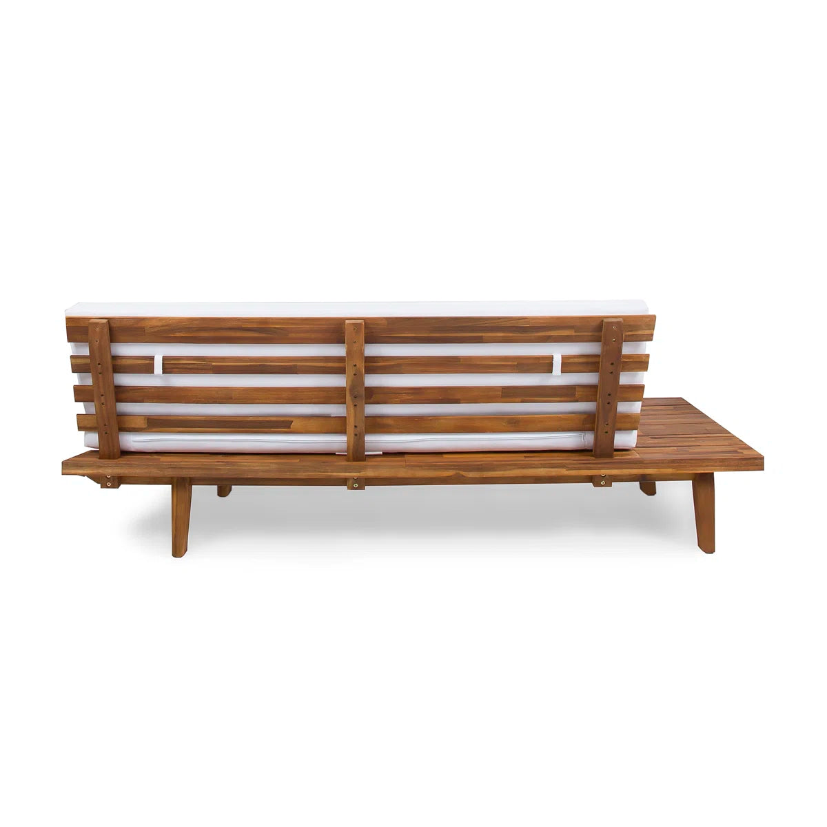Wooden bench with white cushion on a white background