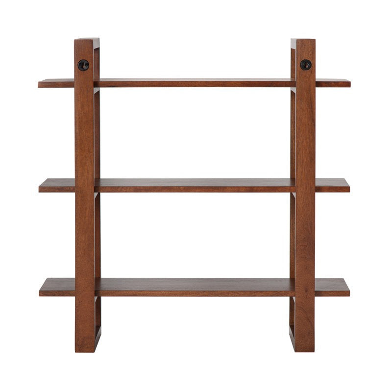Wooden bookshelf with three shelves on a white background