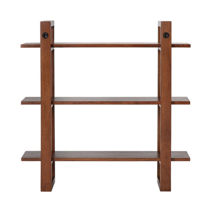 Wooden bookshelf with three shelves on a white background