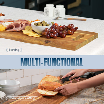 Wooden cutting board with superior features with food on a kitchen counter, labeled 'Serving' and 'Multi-functional'.