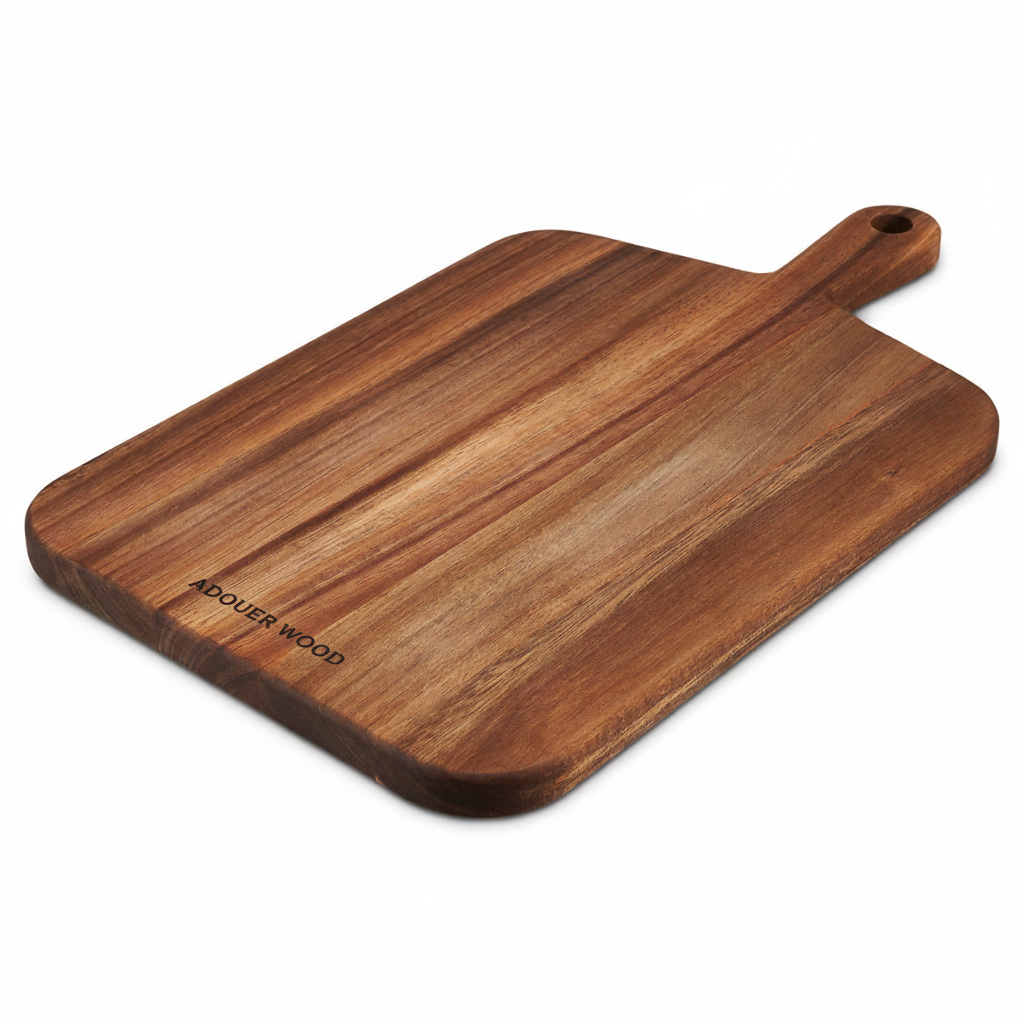 Wooden cutting board with handle on a white background