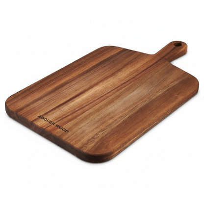 Wooden cutting board with handle on a white background